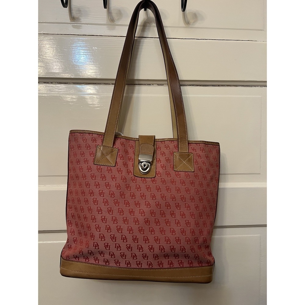 Dooney & Bourke Pink Logo Print Tote Tan Leather Trim Silver Clasp Purse EUC